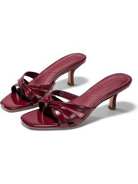 Women's Wine Faux Leather Square Open Toe Flip Flop Slip On Strappy Kitten Heel